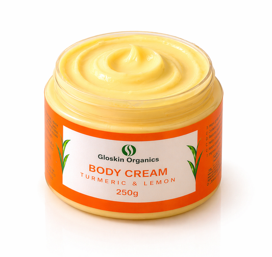 Gloskin Organics Turmeric & Lemon Body Cream 250g – Hydrating body cream with coconut oil and shea butter in natural light