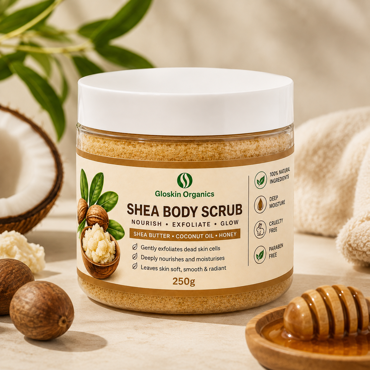 Shea Body Scrub | Shea Butter, Coconut Oil & Honey | 250g