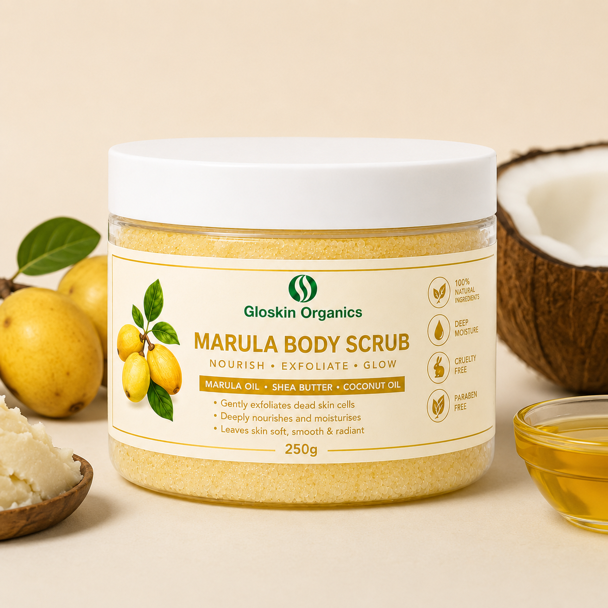 Marula Body Scrub | Shea Butter, Coconut Oil & Marula Oil – 250g