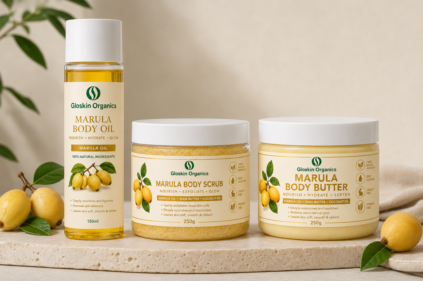 Gloskin Organics Marula Skincare Trio – Body Oil, Body Scrub & Body Butter | Nourish, Exfoliate & Glow
