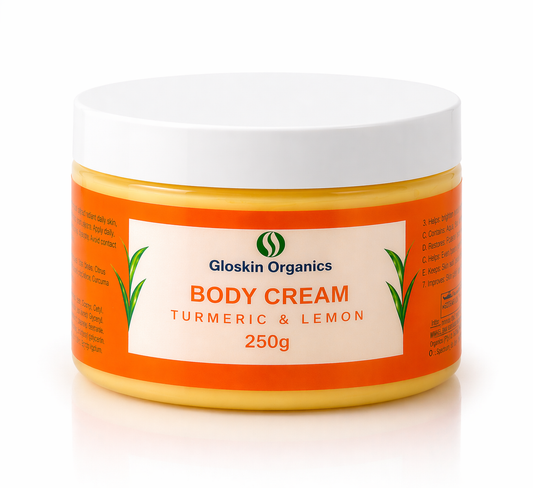 Gloskin Organics Turmeric & Lemon Body Cream 250g – Hydrating body cream with coconut oil and shea butter in natural light