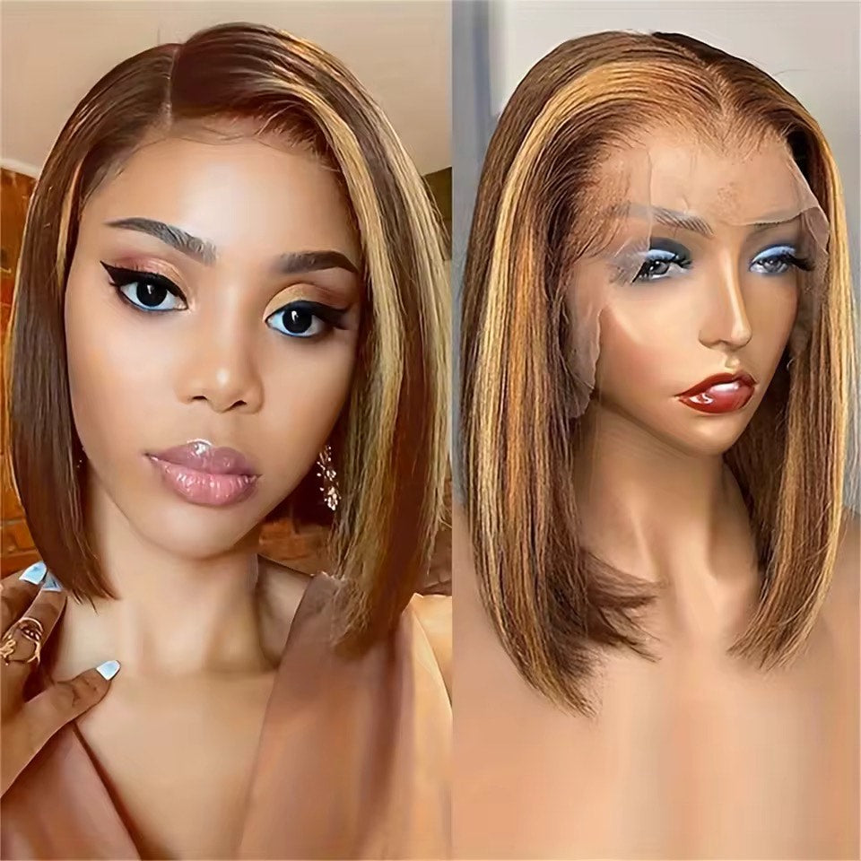 Ombre Honey Blonde Bob Wig – 13x4 Transparent Lace Front, Human Hair (4/27 Color)