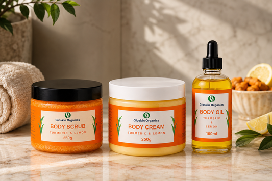 Turmeric & Lemon Brightening Skincare Set for Glowing Skin | Body Scrub, Body Cream & Body Oil | Gloskin Organics