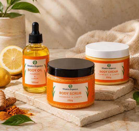 Turmeric & Lemon Brightening Skincare Set for Glowing Skin | Body Scrub, Body Cream & Body Oil | Gloskin Organics