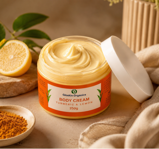 Gloskin Organics Turmeric & Lemon Body Cream 250g – Hydrating body cream with coconut oil and shea butter in natural light