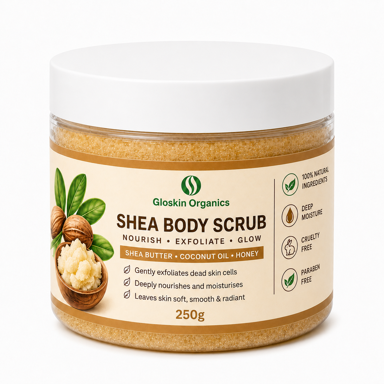 Shea Body Scrub | Shea Butter, Coconut Oil & Honey | 250g