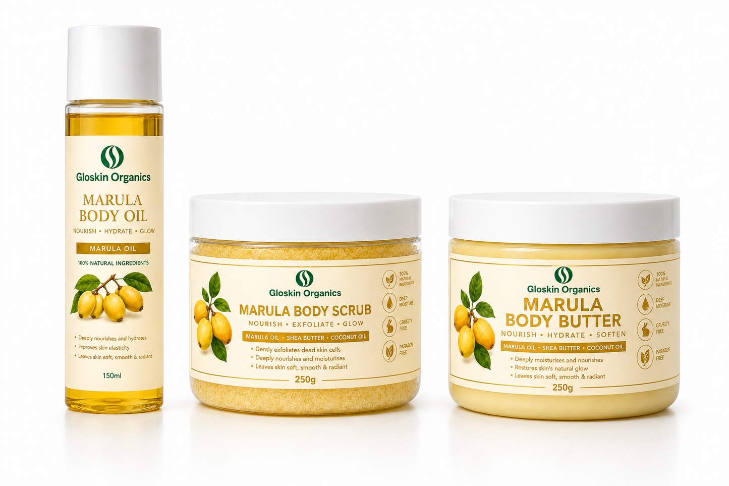Gloskin Organics Marula Skincare Trio – Body Oil, Body Scrub & Body Butter | Nourish, Exfoliate & Glow