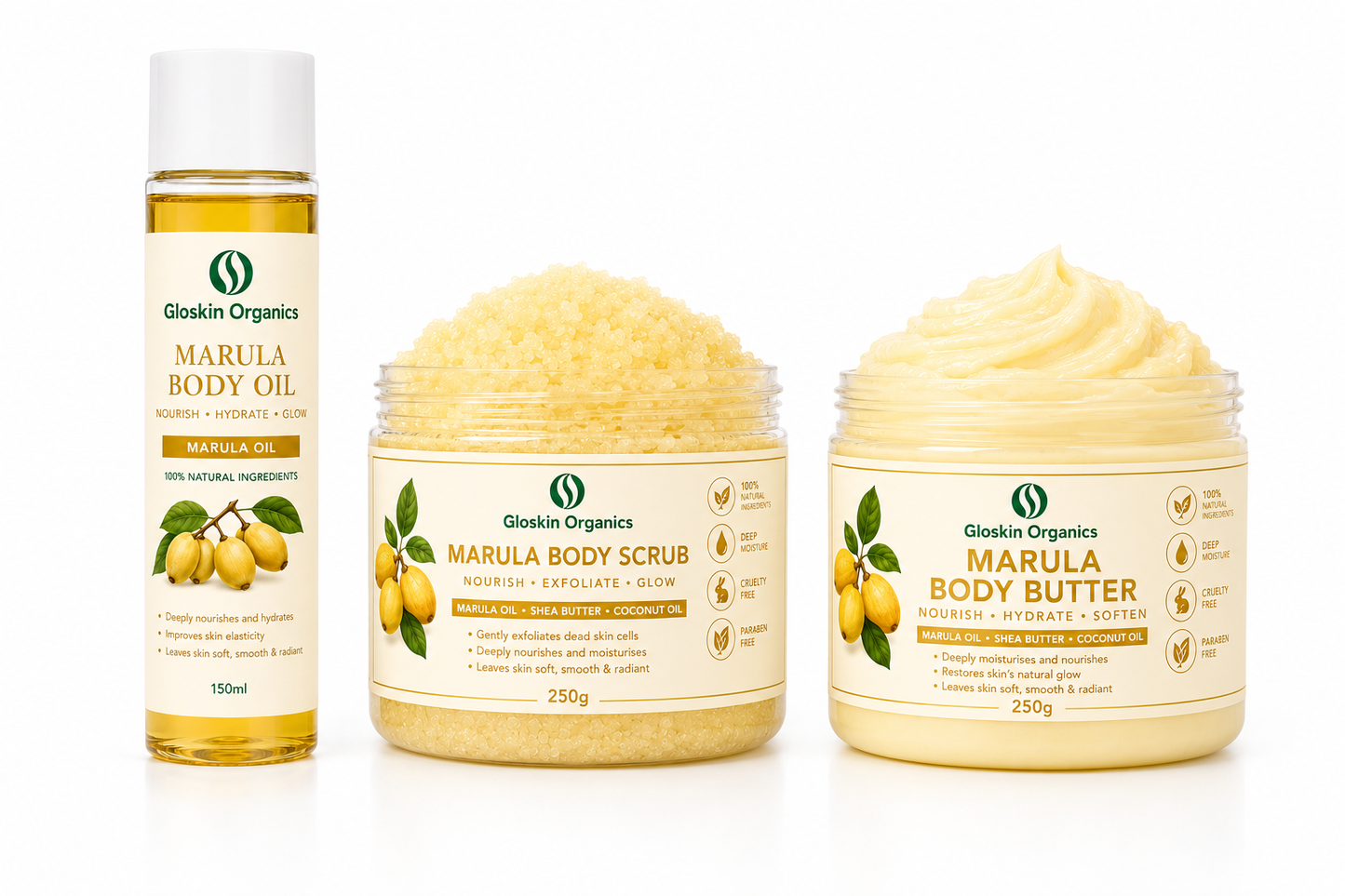 Gloskin Organics Marula Skincare Trio – Body Oil, Body Scrub & Body Butter | Nourish, Exfoliate & Glow