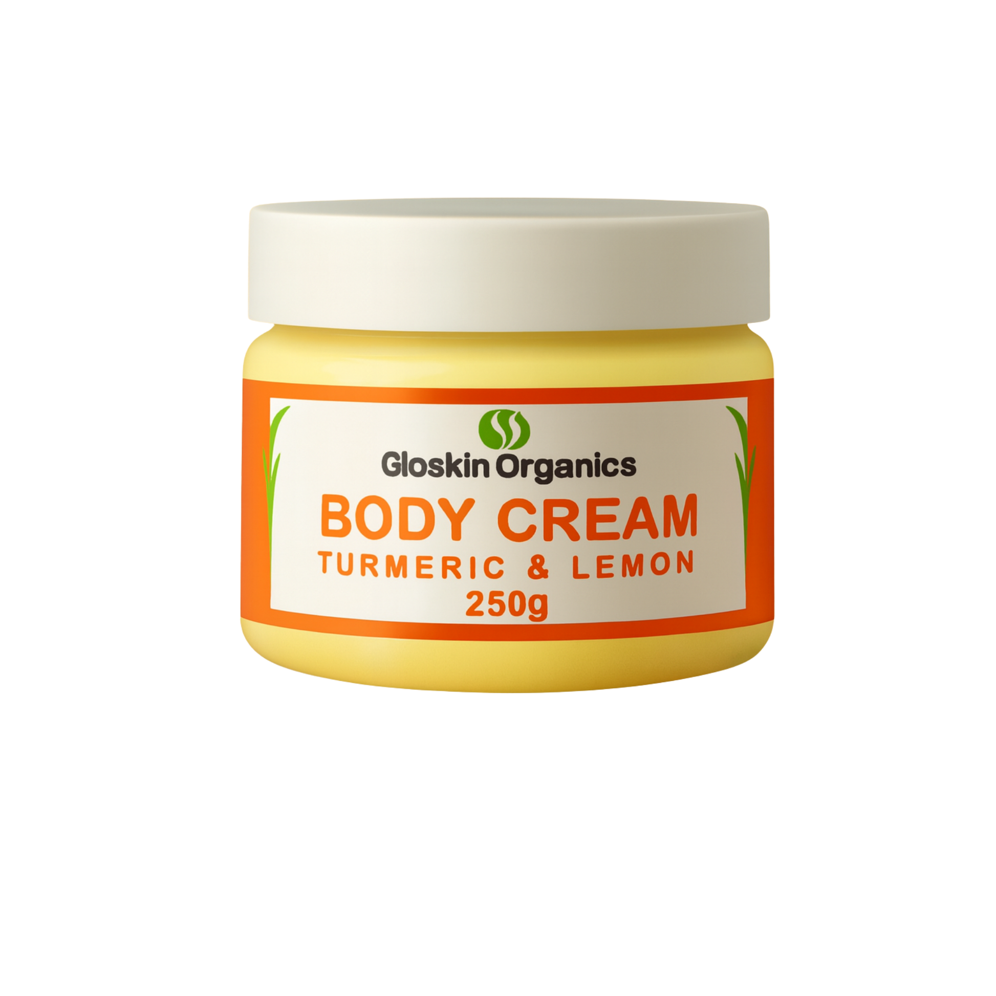 Gloskin Organics Body Cream with turmeric, lemon, coconut oil, and shea butter, 250g jar in natural light.