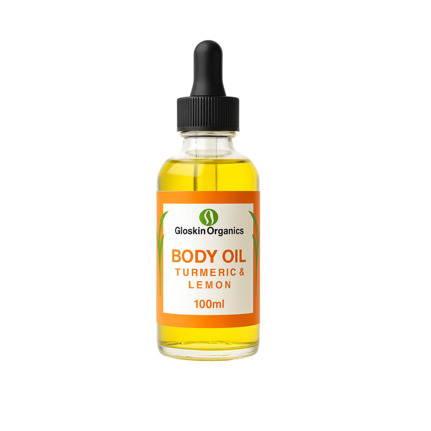 Gloskin Organics Body Oil with turmeric and lemon, 100ml bottle with black cap and yellow label