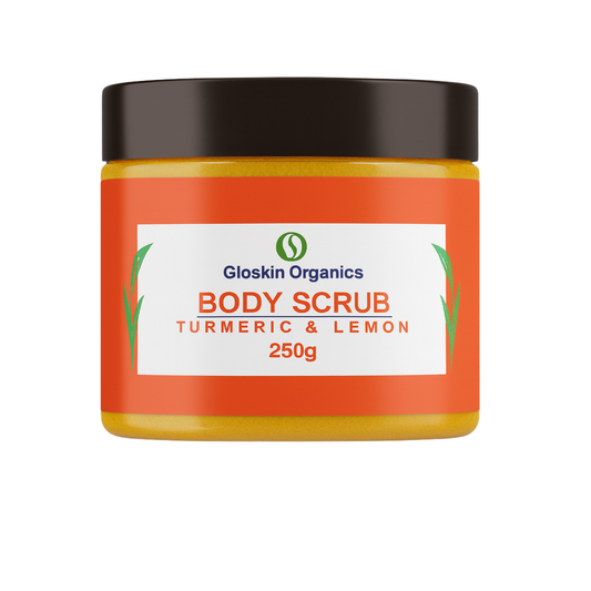 Jar of Gloskin Organics Body Scrub with Turmeric & Lemon on a white background