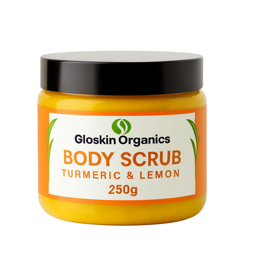 	Gloskin Organics Body Scrub with turmeric, lemon, coconut oil, and shea butter