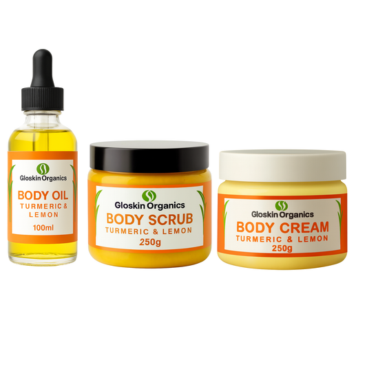Gloskin Organics Turmeric & Lemon Skincare Set | Body Oil, Scrub & Cream Combo South Africa