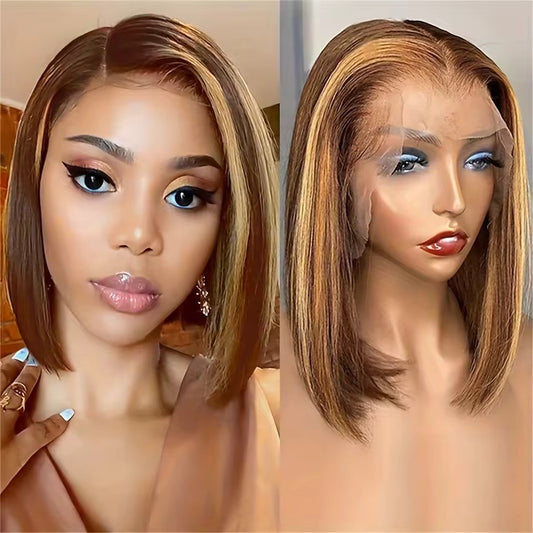 Ombre Honey Blonde Bob Wig – 13x4 Transparent Lace Front, Human Hair (4/27 Color)
