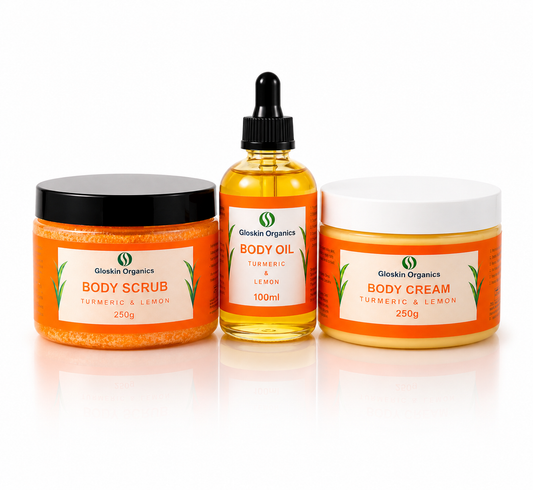 Turmeric & Lemon Brightening Skincare Set for Glowing Skin | Body Scrub, Body Cream & Body Oil | Gloskin Organics