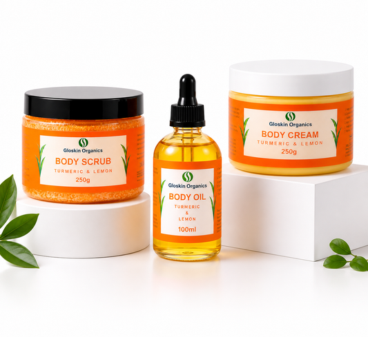 Turmeric & Lemon Brightening Skincare Set for Glowing Skin | Body Scrub, Body Cream & Body Oil | Gloskin Organics