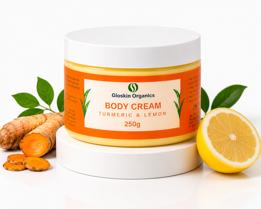 Gloskin Organics Turmeric & Lemon Body Cream 250g – Hydrating body cream with coconut oil and shea butter in natural light