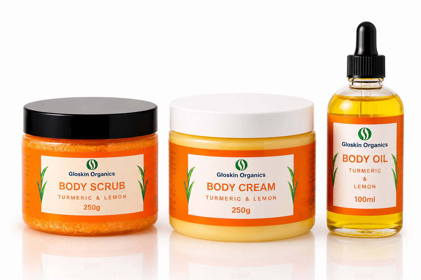 Turmeric & Lemon Brightening Skincare Set for Glowing Skin | Body Scrub, Body Cream & Body Oil | Gloskin Organics